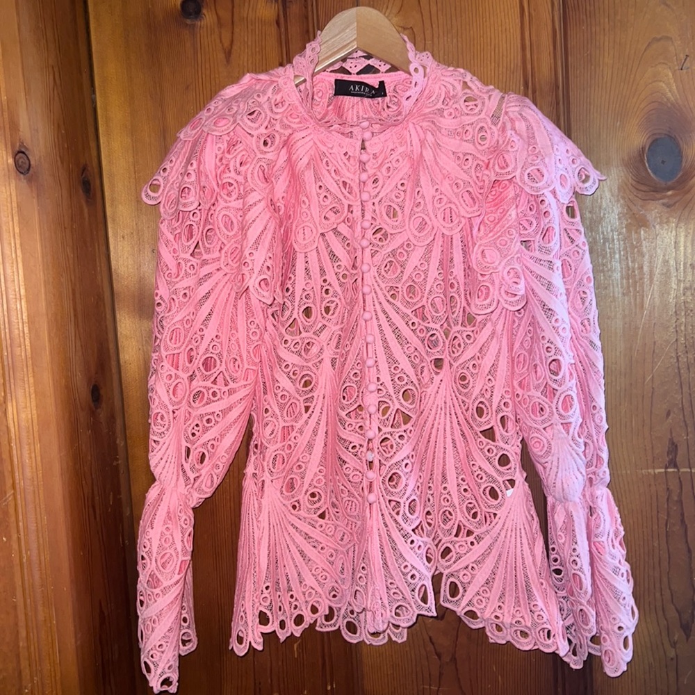 Akira pink see thru shirt with puff bell sleeves. Size medium